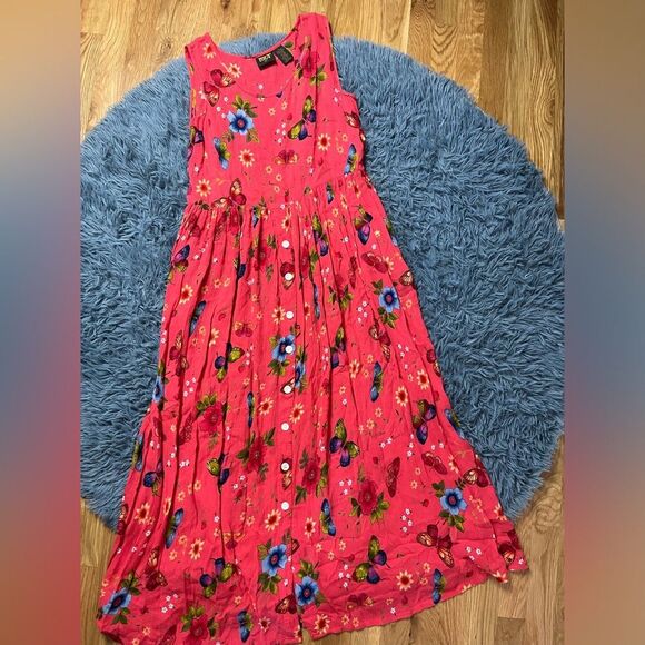 Bila 90s Butterfly Floral Button Front Jumper Maxi Dress Fairy Vtg Y2K Size M - Picture 1 of 4